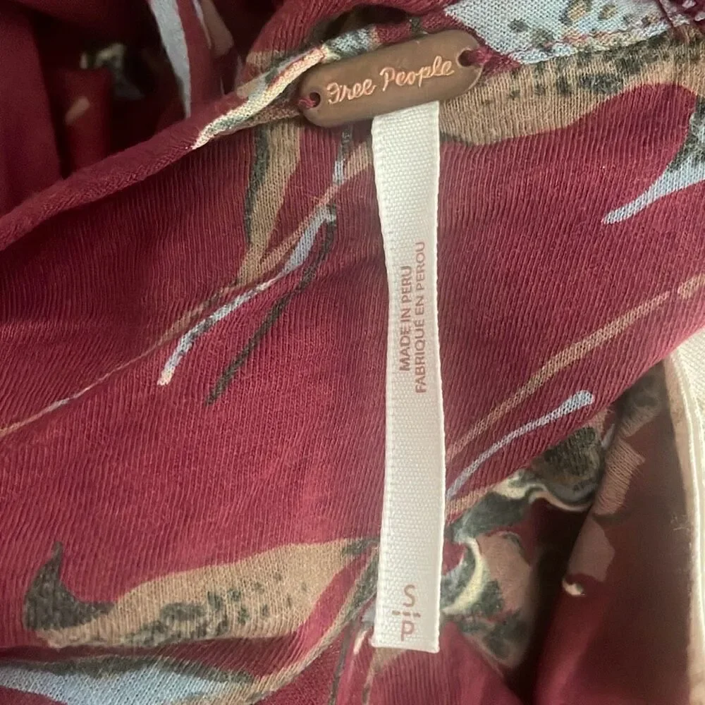 Free People Burgundy Floral Print Open Draped Back Long Sleeve Top S